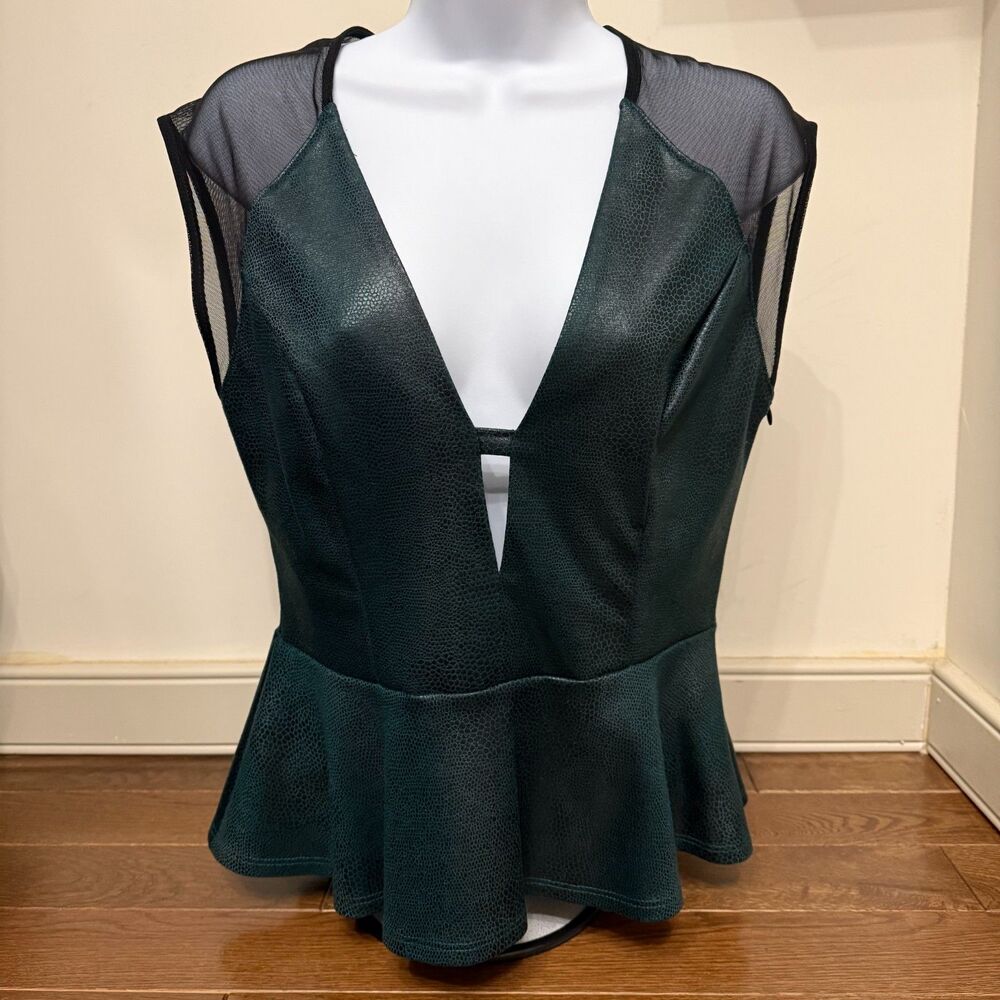GUESS Faux Leather Plunge Peplum Top Dark Green Medium